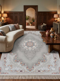 Light Gray Ornate Arch Medallion Persian Rug · 1200 Reeds styled in a room — Stylish Rugs & Carpets, Sacramento
