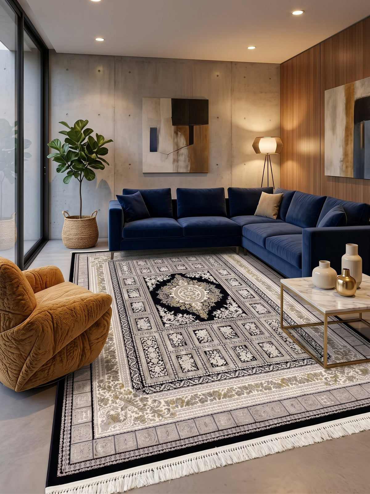 Navy & Gold Medallion Persian Rug · 1200 Reeds styled in a room — Stylish Rugs & Carpets, Sacramento