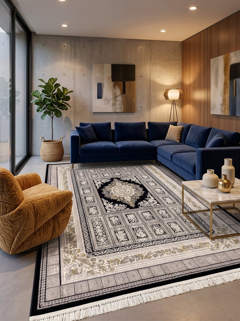 2026 Navy and Gold Luxury Traditional Medallion Rug | Stylish Rugs & Carpets