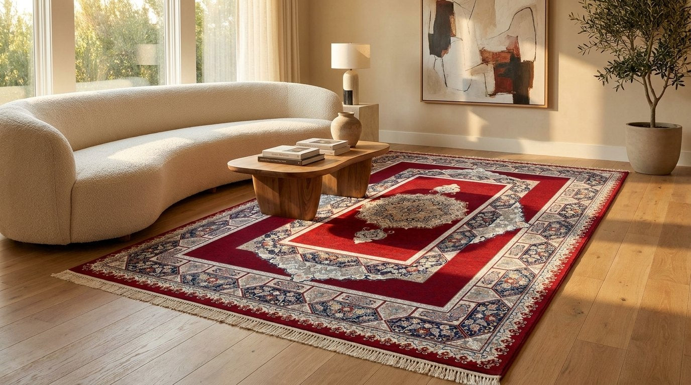 Red Medallion Persian Rug · 1200 Reeds — size 3x13 Feet (91x400 cm) 4Meters Runner shown to scale in a living room — Stylish Rugs & Carpets, Sacramento