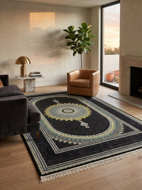 Black Sunburst Medallion Turkish Rug styled in a room — Stylish Rugs & Carpets, Sacramento