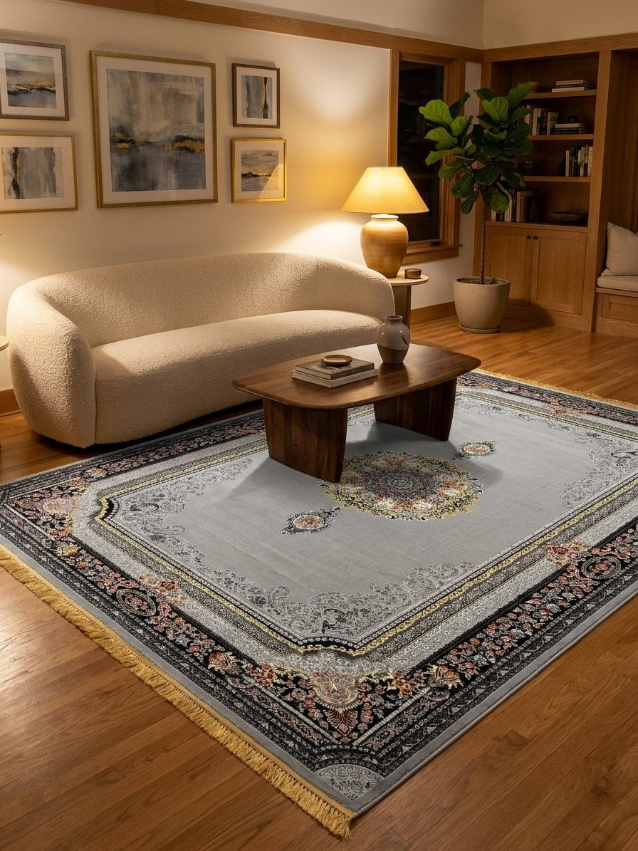 Light Gray Medallion Persian Rug rug styled in a Sacramento home — Stylish Rugs & Carpets
