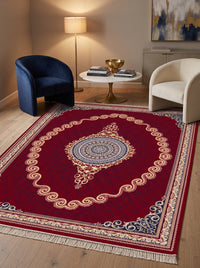 Crimson Red & Gold Scroll Persian Rug · 1200 Reeds — size 8.2x11.5 Feet (250x350 cm) 9Meters shown to scale in a living room — Stylish Rugs & Carpets, Sacramento