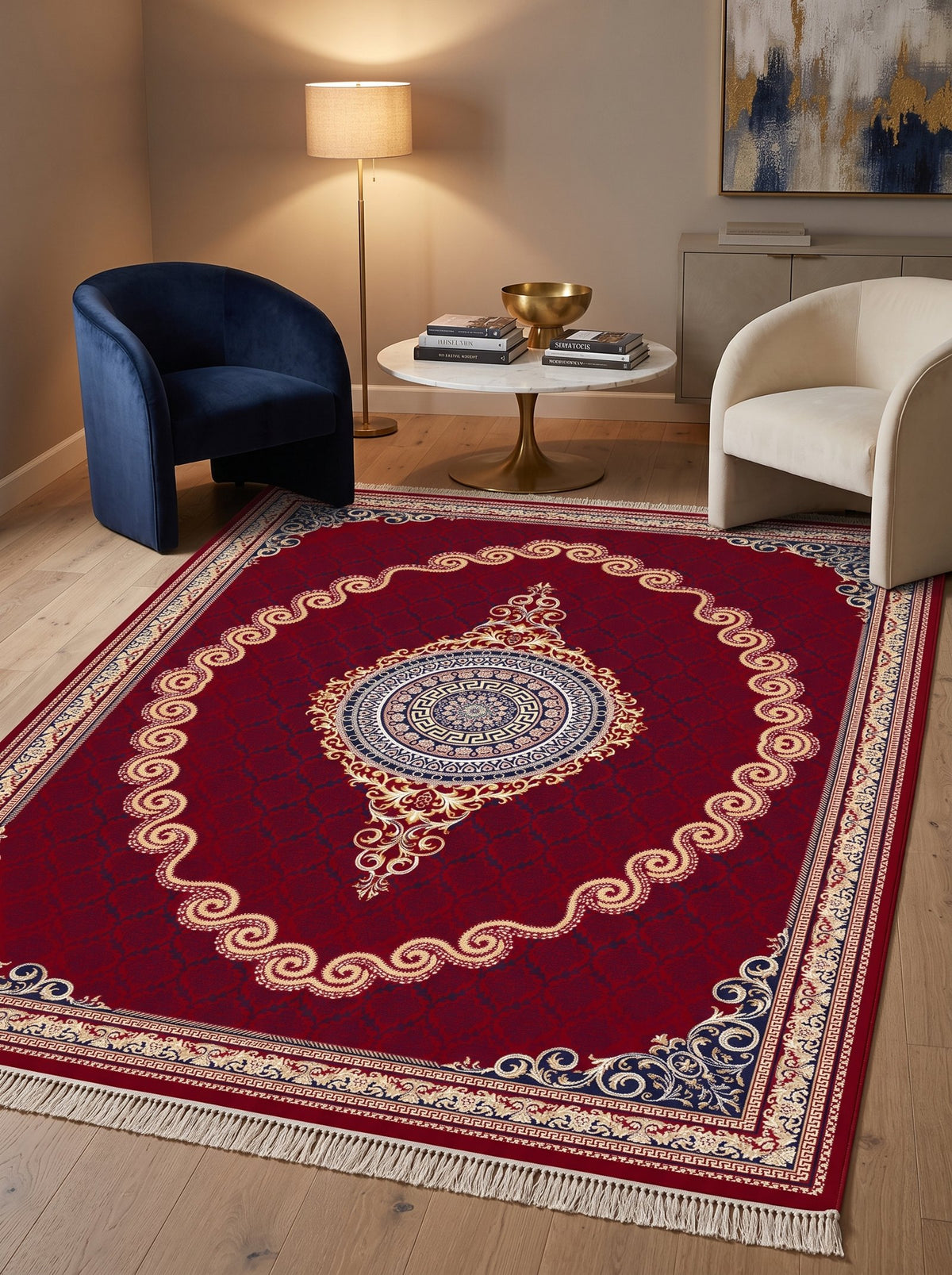 Crimson Red & Gold Scroll Persian Rug · 1200 Reeds — size 8.2x11.5 Feet (250x350 cm) 9Meters shown to scale in a living room — Stylish Rugs & Carpets, Sacramento