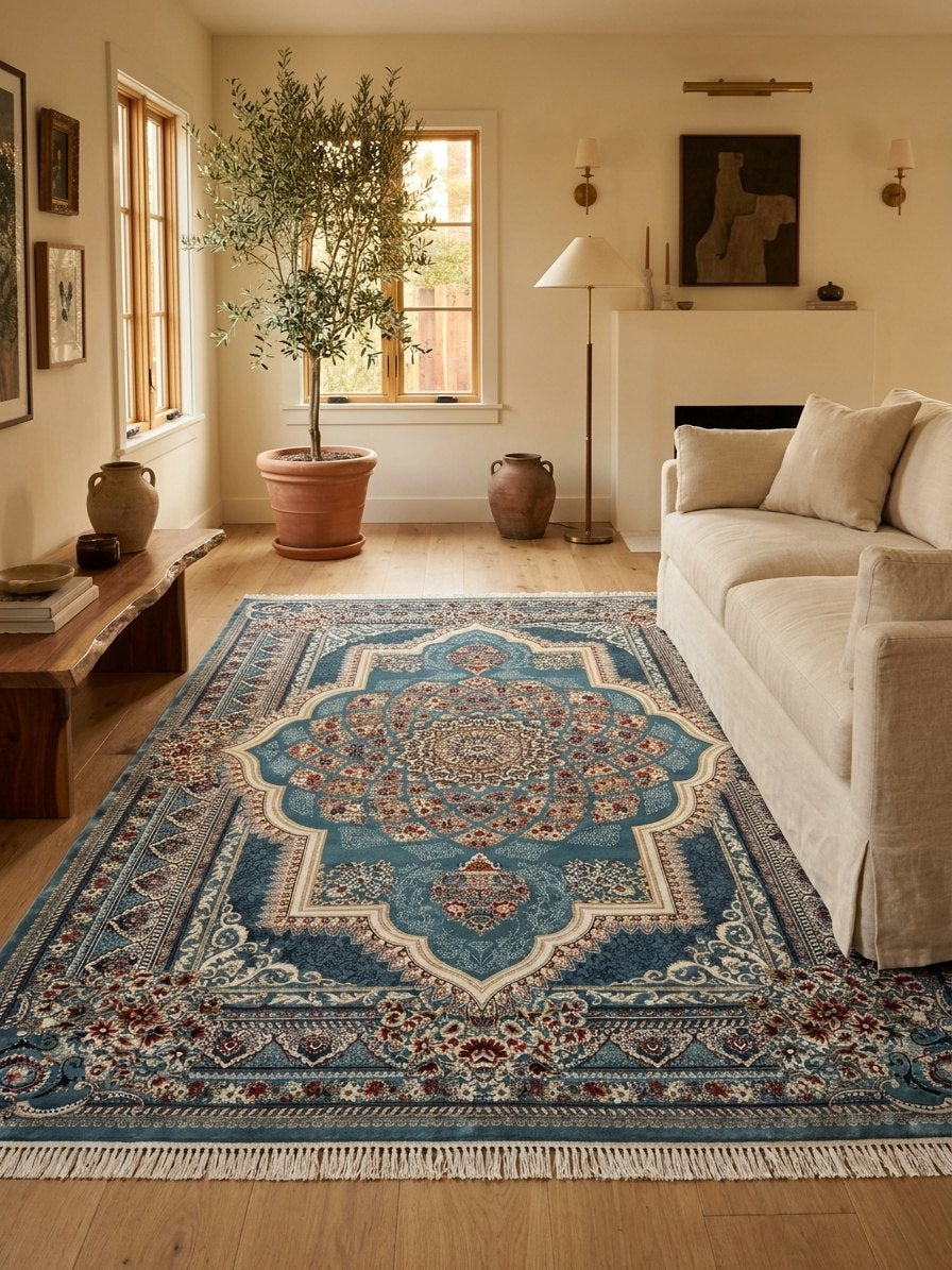 Blue Persian Rug — 1200 Reeds — area rug styled in a room, Stylish Rugs & Carpets, Sacramento