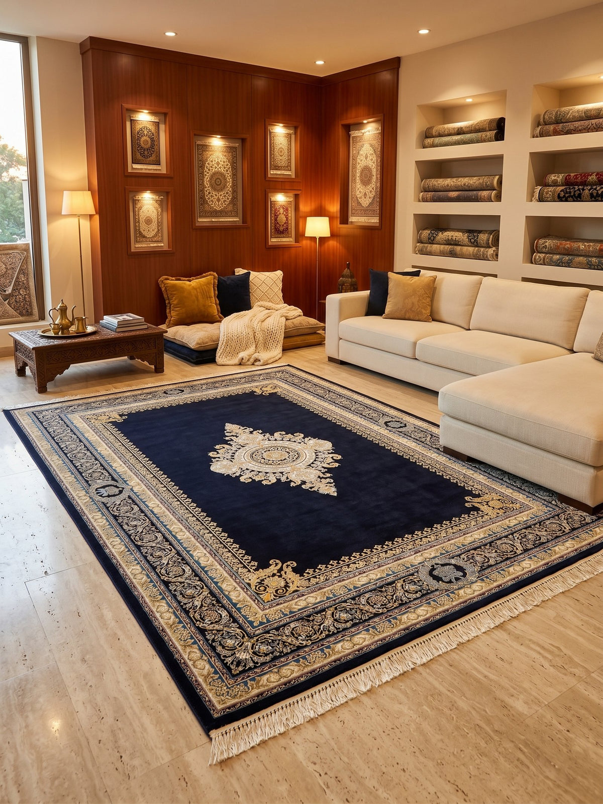 Navy Medallion Persian Rug · 3M Points styled in a room — Stylish Rugs & Carpets, Sacramento