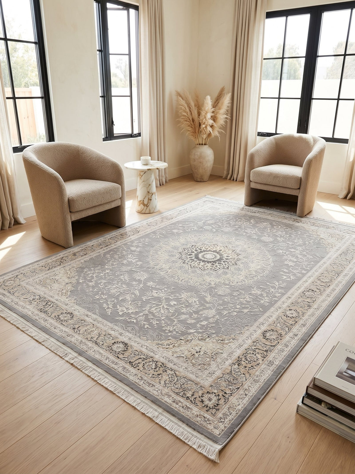 Warm Cream & Gold Medallion Persian Rug styled in a room — Stylish Rugs & Carpets, Sacramento