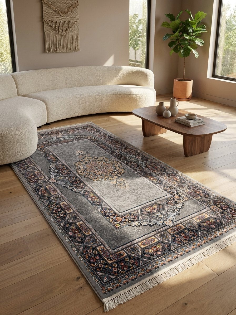 Light Gray Medallion Persian Rug · 1200 Reeds — size 3x13 Feet (91x400 cm) 4Meters Runner shown to scale in a living room — Stylish Rugs & Carpets, Sacramento