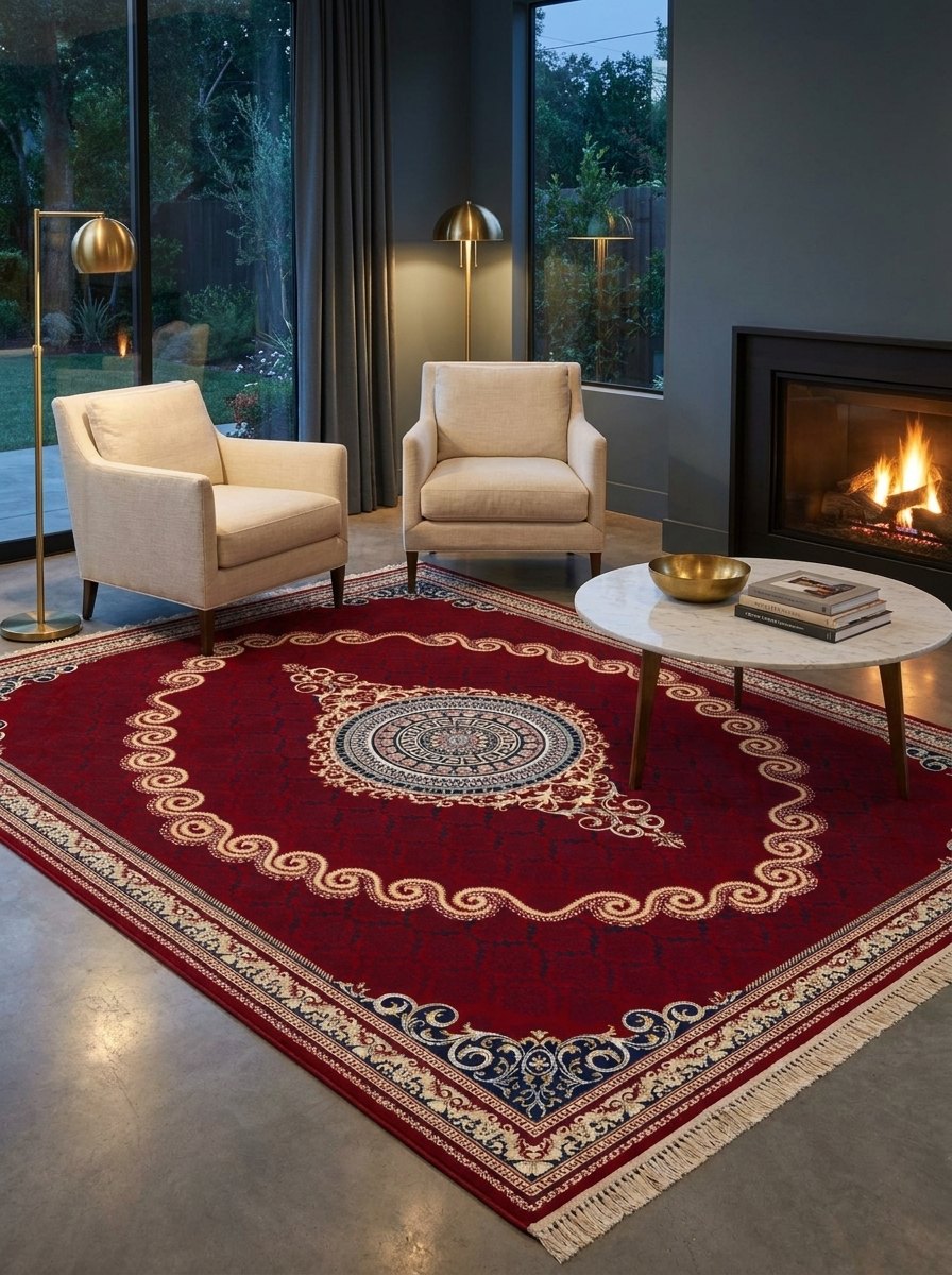 Red & Gold Scroll Persian Rug · 1200 Reeds — size 8.2x11.5 Feet (250x350 cm) 9Meters shown to scale in a living room — Stylish Rugs & Carpets, Sacramento