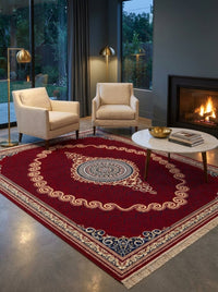 Red & Gold Scroll Persian Rug · 1200 Reeds — size 8.2x11.5 Feet (250x350 cm) 9Meters shown to scale in a living room — Stylish Rugs & Carpets, Sacramento