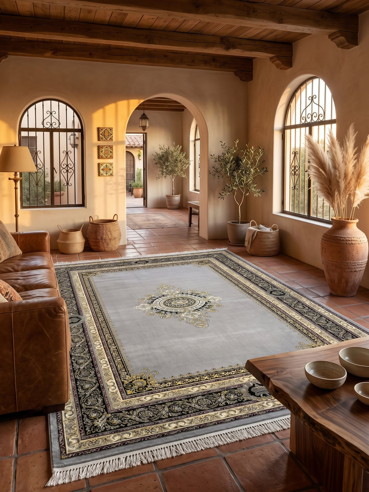Light Gray & Gold Darbar Persian Rug styled in a room — Stylish Rugs & Carpets, Sacramento