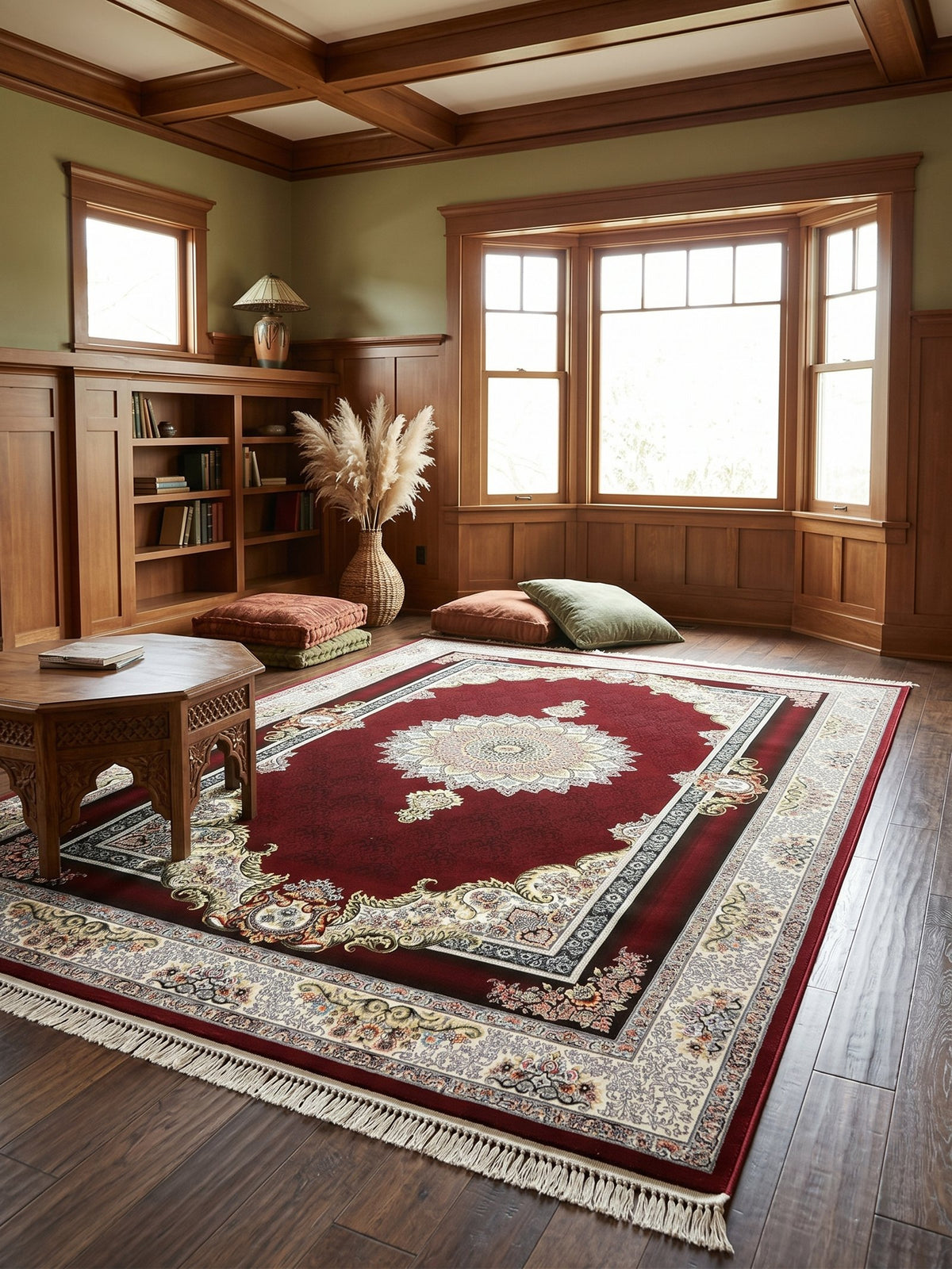 Crimson Red Floral Medallion Turkish Rug styled in a room — Stylish Rugs & Carpets, Sacramento