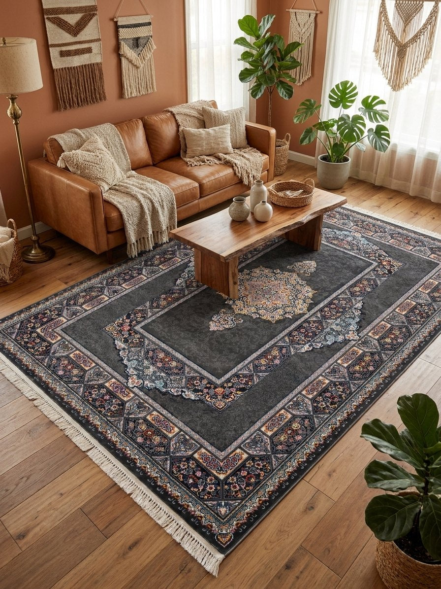 Dark Gray Medallion Persian Rug · 1200 Reeds rug styled in a Sacramento home — Stylish Rugs & Carpets