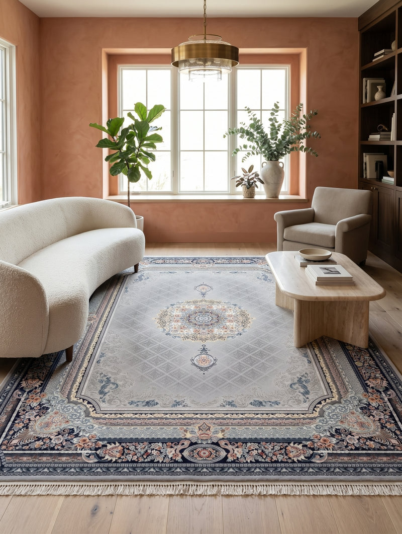 2026 Luxury Persian-Inspired Traditional Rug Light Silver Gray Classic Medallion 1200 Reeds