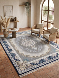 Navy-Border Oval Medallion Persian Rug · 1200 Reeds styled in a room — Stylish Rugs & Carpets, Sacramento
