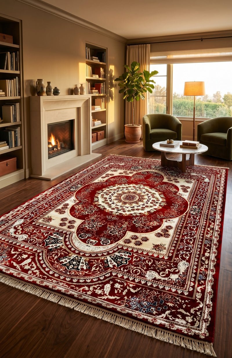 Persian Elegance Unveiled: Red and Cream Floral Tapestry
