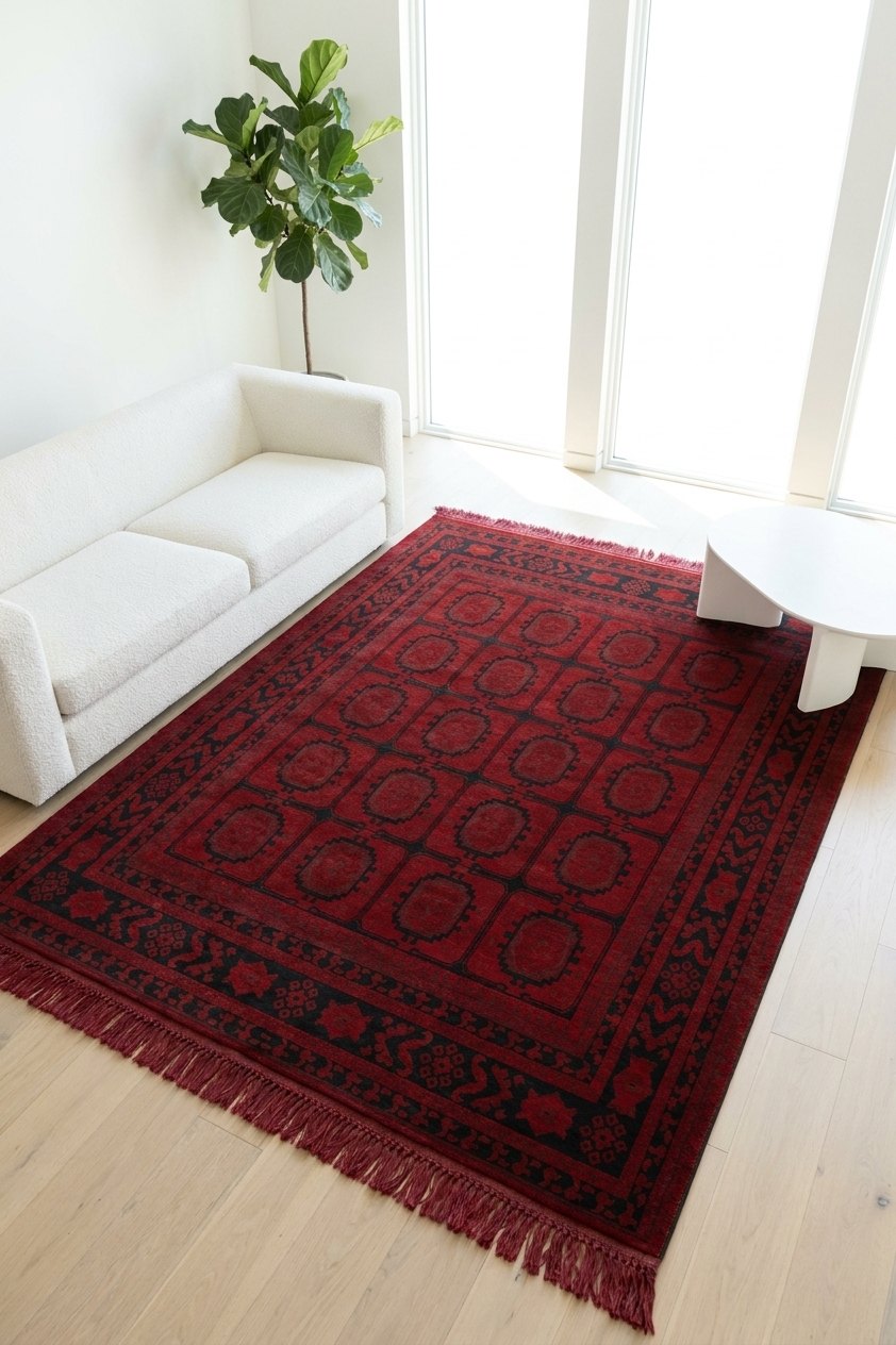 Red & Black Oval Panel Turkish Rug — area rug styled in a room, Stylish Rugs & Carpets, Sacramento