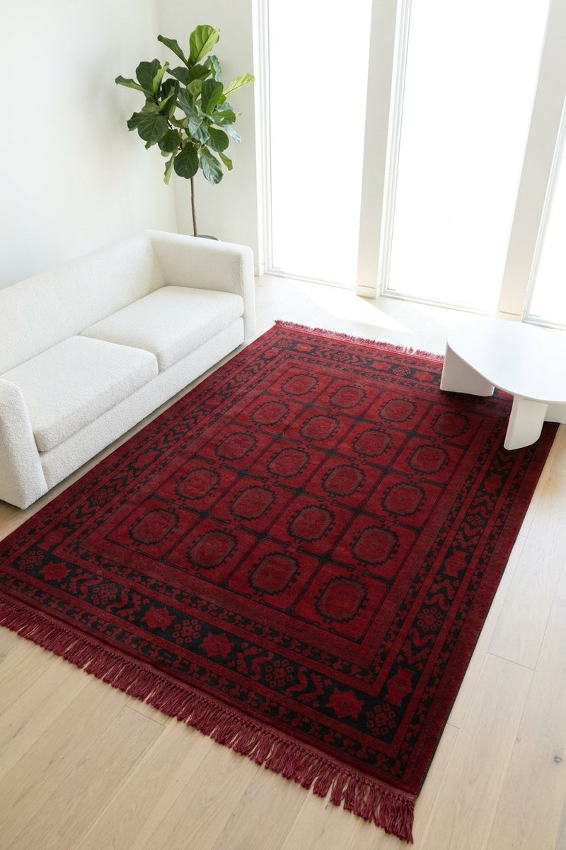 Red and black oval panel Turkish rug, design 05364A — Stylish Rugs & Carpets, Sacramento