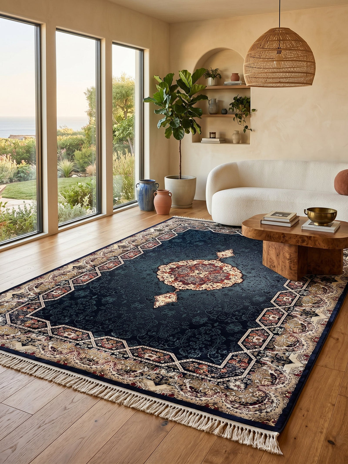 Navy Persian Design Rug — 1200 Reeds styled in a room — Stylish Rugs & Carpets, Sacramento