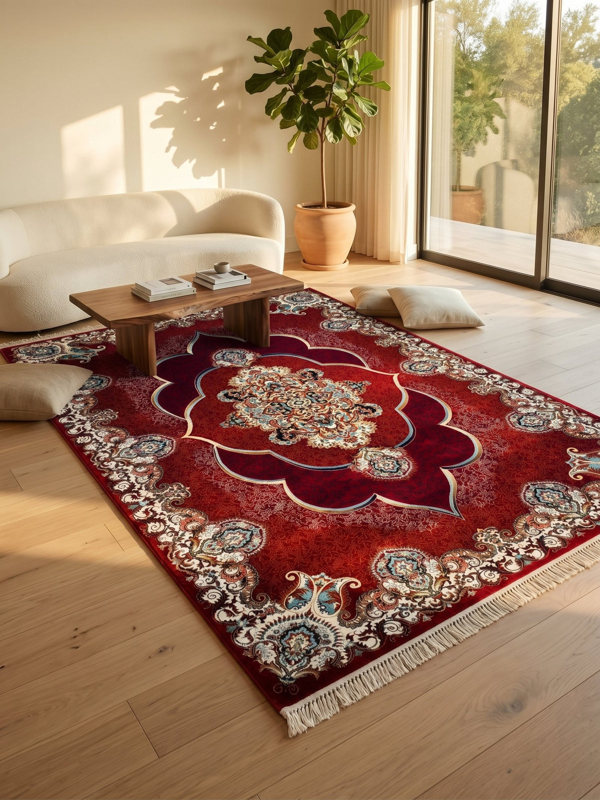 Mafkoor Persian Rug, Red — 1200 Reeds styled in a room — Stylish Rugs & Carpets, Sacramento