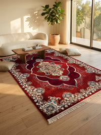 Mafkoor Persian Rug, Red — 1200 Reeds styled in a room — Stylish Rugs & Carpets, Sacramento
