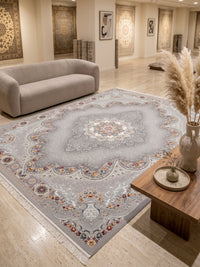 Light Gray Ornate Arch Medallion Persian Rug · 1200 Reeds styled in a room — Stylish Rugs & Carpets, Sacramento