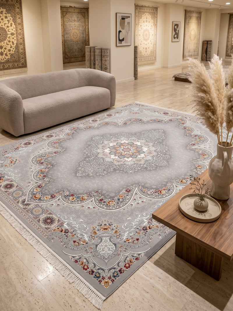 2026 Luxury Traditional Persian-Inspired Rug Light Gray Ornate Medallion Arch Design 1200 Reeds