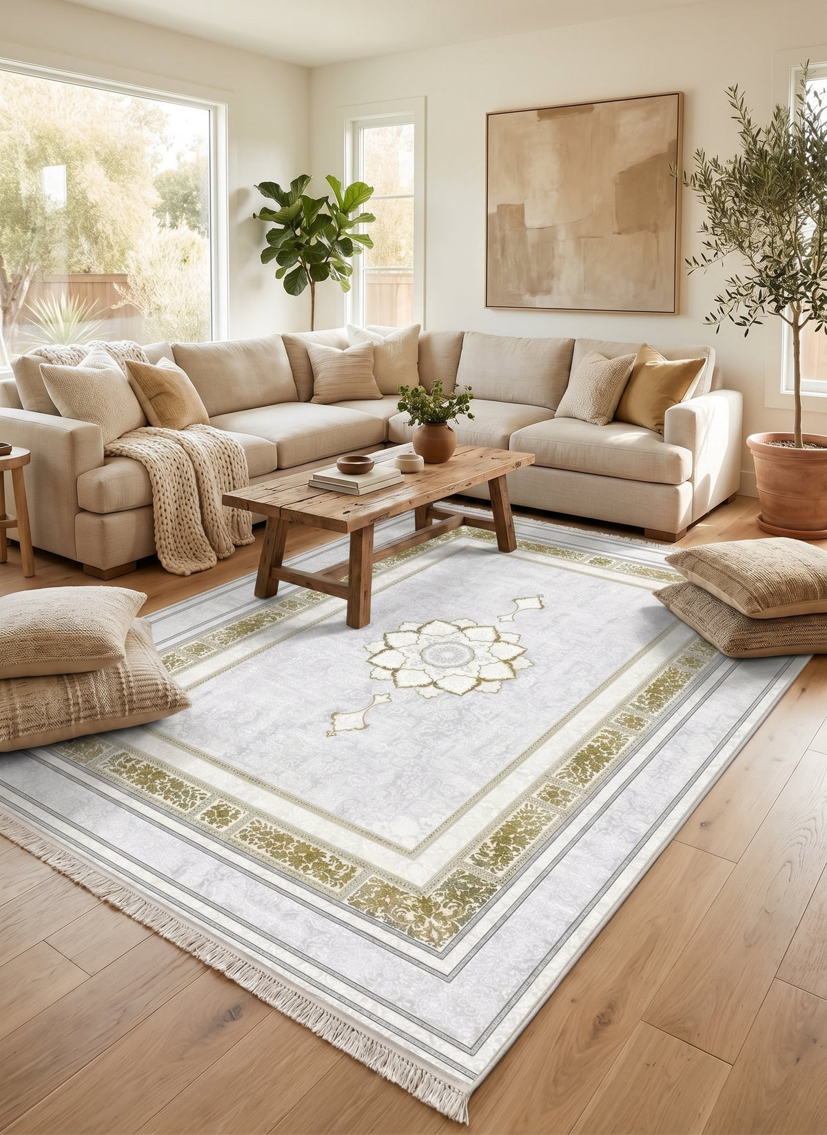 Light Gray & Gold Lotus Medallion Turkish Rug — area rug styled in a room, Stylish Rugs & Carpets, Sacramento
