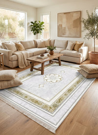 Light Gray & Gold Lotus Medallion Turkish Rug — area rug styled in a room, Stylish Rugs & Carpets, Sacramento