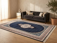 Navy Blue Traditional Persian Rug · 1200 Reeds — size 8.2x11.5 Feet (250x350 cm) 9Meters shown to scale in a living room — Stylish Rugs & Carpets, Sacramento