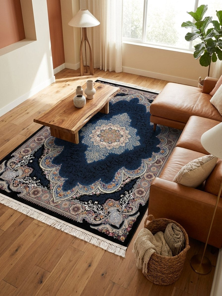 Navy Medallion Persian Rug · 1200 Reeds rug styled in a Sacramento home — Stylish Rugs & Carpets
