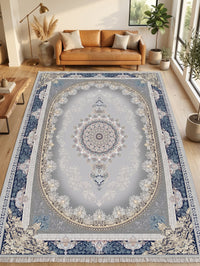 Navy-Border Silver Oval Medallion Persian Rug · 1200 Reeds — size 5x7.5 ft (150x230 cm) 3.5Meters shown to scale in a living room — Stylish Rugs & Carpets, Sacramento