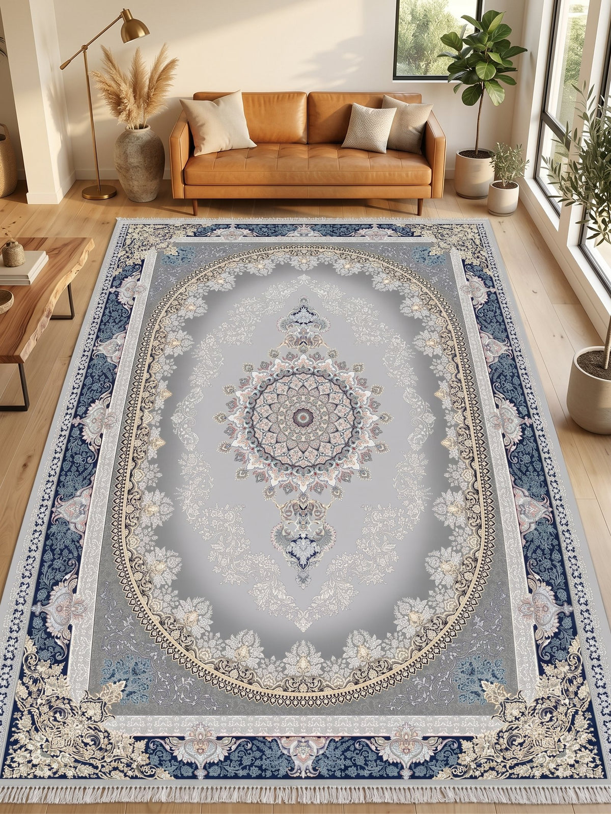 Navy-Border Silver Oval Medallion Persian Rug · 1200 Reeds — size 5x7.5 ft (150x230 cm) 3.5Meters shown to scale in a living room — Stylish Rugs & Carpets, Sacramento
