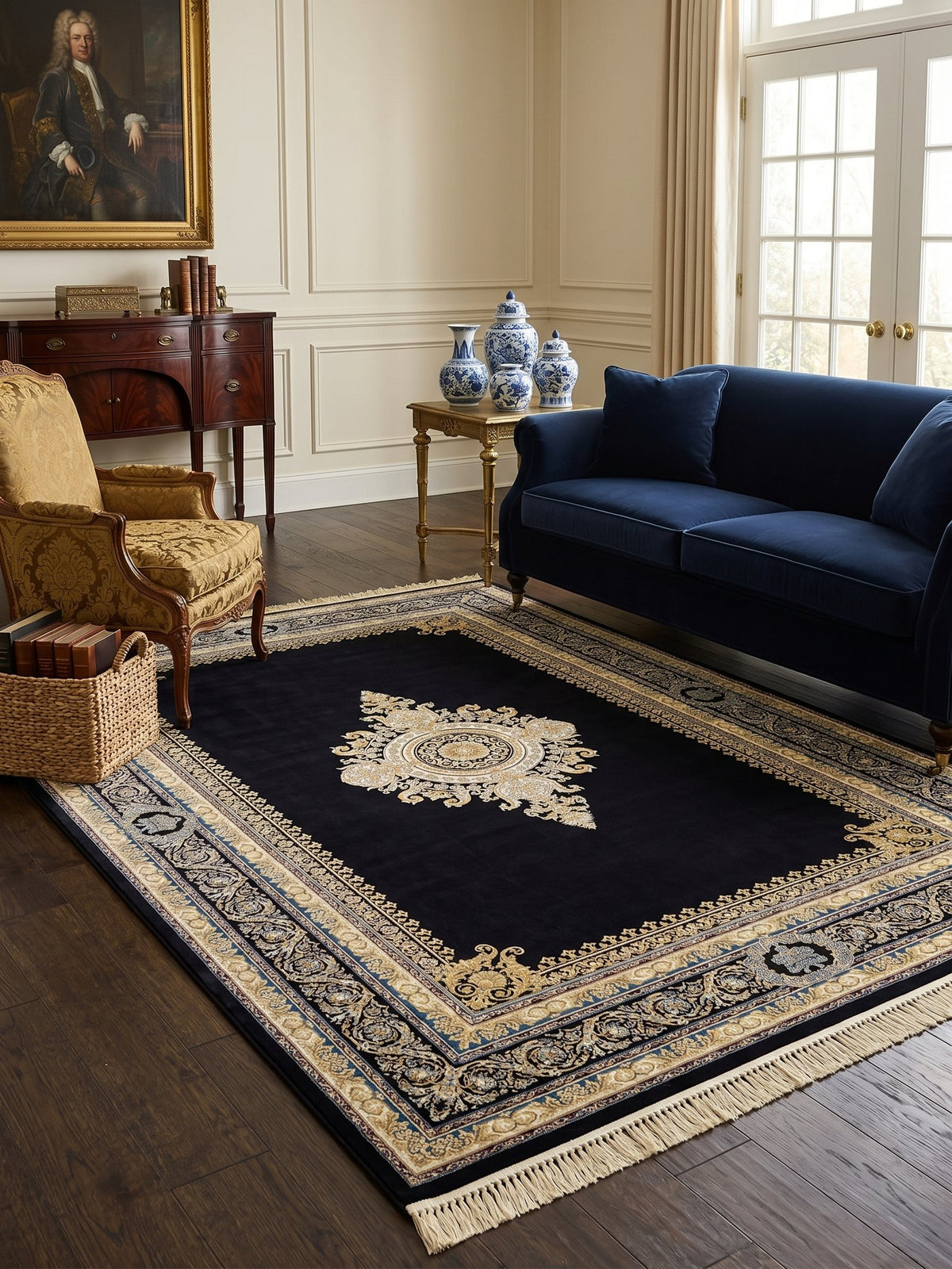 Navy Medallion Persian Rug · 3M Points styled in a room — Stylish Rugs & Carpets, Sacramento