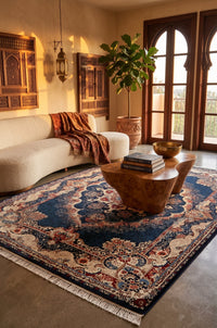 Royal Blue and Gold Imperial Rug 1200 Reeds styled in a room — Stylish Rugs & Carpets, Sacramento