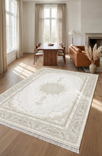 Ivory & Soft Gold Star Medallion Rug - Shadow Art Silk — area rug styled in a room, Stylish Rugs & Carpets, Sacramento