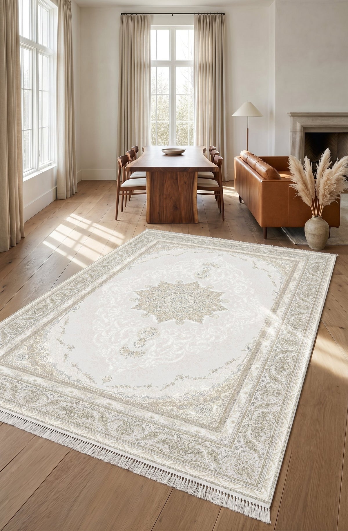 Ivory & Soft Gold Star Medallion Rug - Shadow Art Silk — area rug styled in a room, Stylish Rugs & Carpets, Sacramento