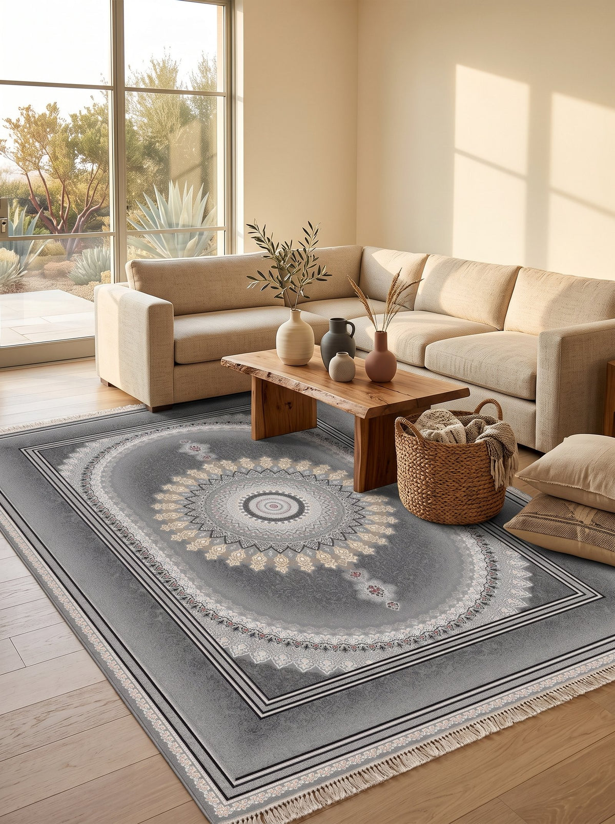 Dark Gray Oval Medallion Persian Rug · 1200 Reeds — size 10x13 Feet (300x400 cm) 12Meters shown to scale in a living room — Stylish Rugs & Carpets, Sacramento