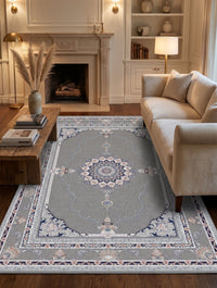 Dark Gray Tabriz Medallion Persian Rug — area rug styled in a room, Stylish Rugs & Carpets, Sacramento