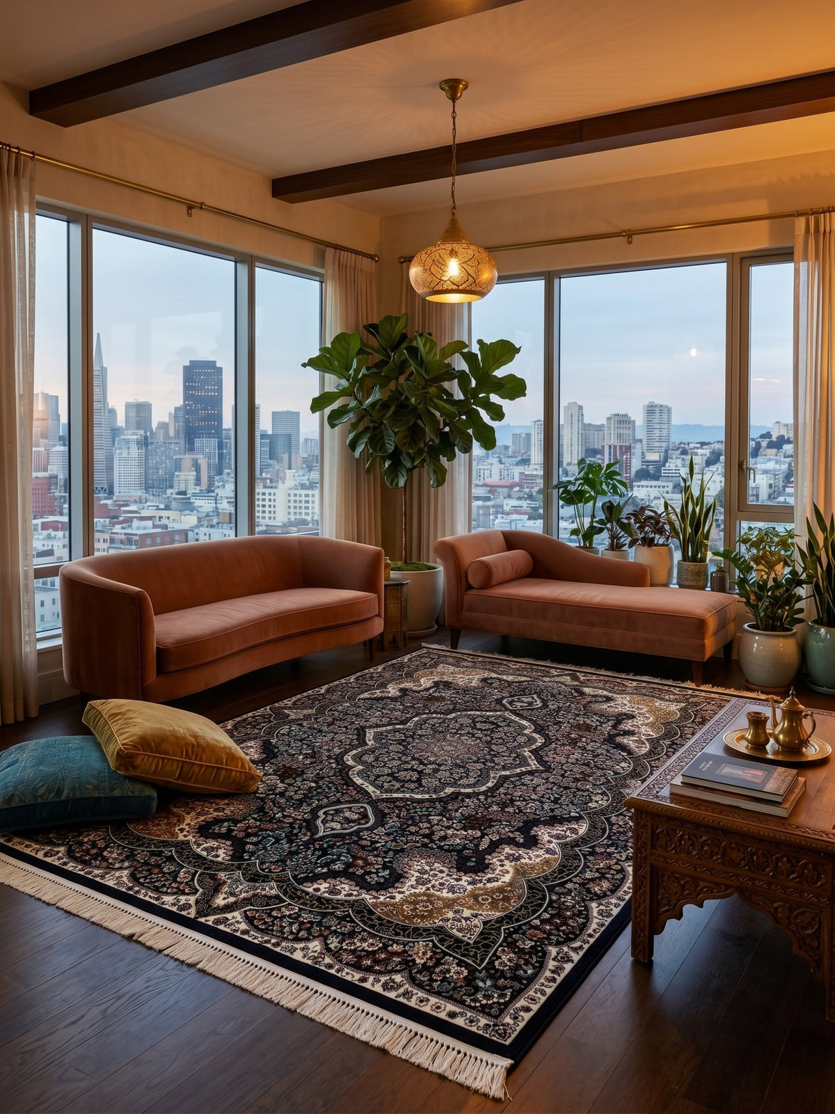 Kashan Persian Rug, Navy — 1200 Reeds styled in a room — Stylish Rugs & Carpets, Sacramento