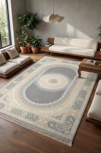Grey & Cream Oval Medallion Rug - Shadow Art Silk — area rug styled in a room, Stylish Rugs & Carpets, Sacramento