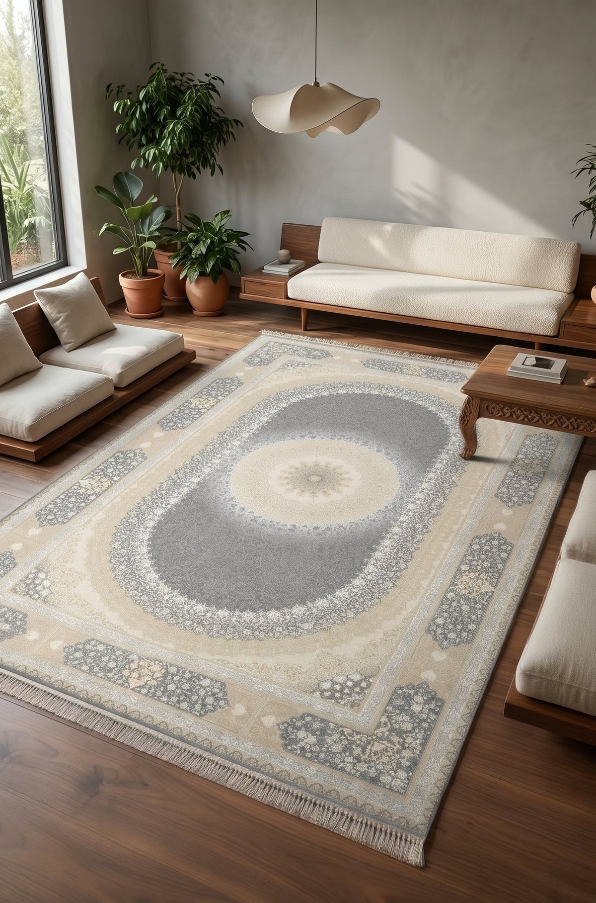 Grey & Cream Oval Medallion Rug - Shadow Art Silk — area rug styled in a room, Stylish Rugs & Carpets, Sacramento