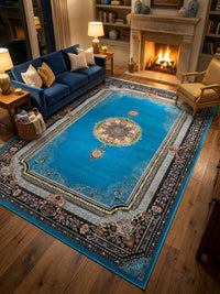 Light Blue & Gold Medallion Persian Rug rug styled in a Sacramento home — Stylish Rugs & Carpets