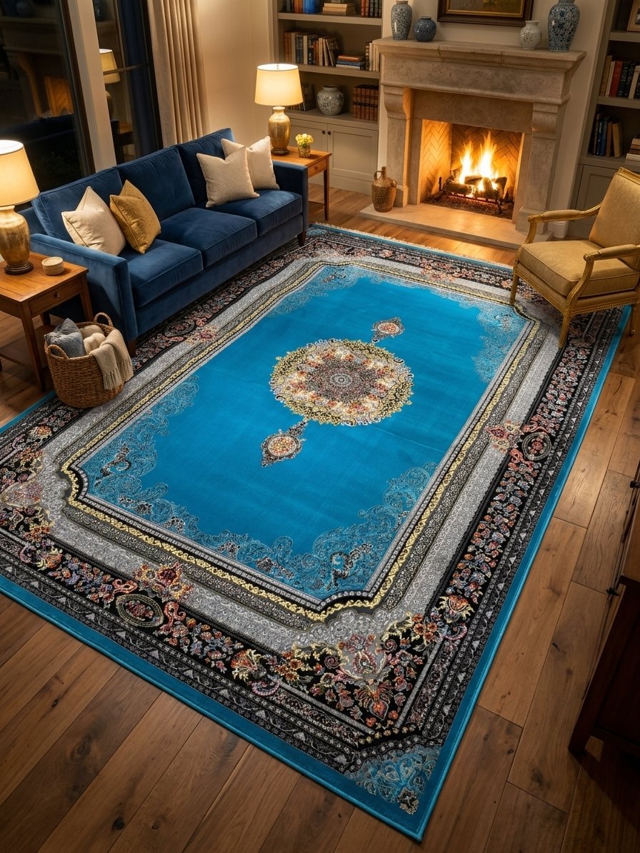 Light Blue & Gold Medallion Persian Rug rug styled in a Sacramento home — Stylish Rugs & Carpets