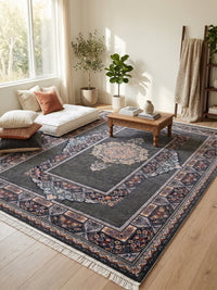 Dark Gray Classic Medallion Persian Rug · 1200 Reeds — size 6.5x10 Feet (200x300 cm) 6Meters shown to scale in a living room — Stylish Rugs & Carpets, Sacramento