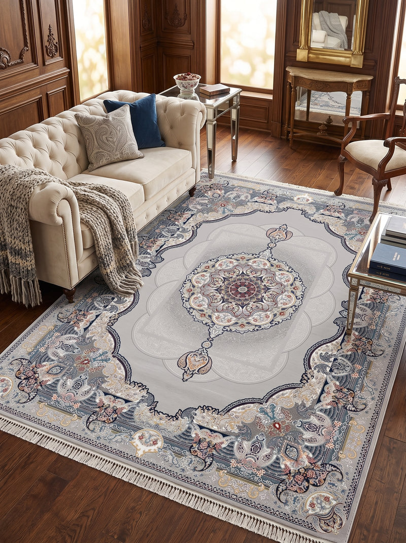 2026 light gray Persian-inspired traditional rug with royal medallion, 1200 reeds, detailed floral border
