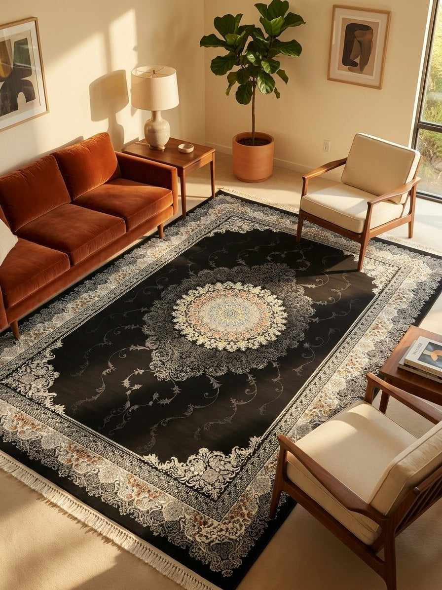 Black Floral Turkish Rug rug styled in a Sacramento home — Stylish Rugs & Carpets