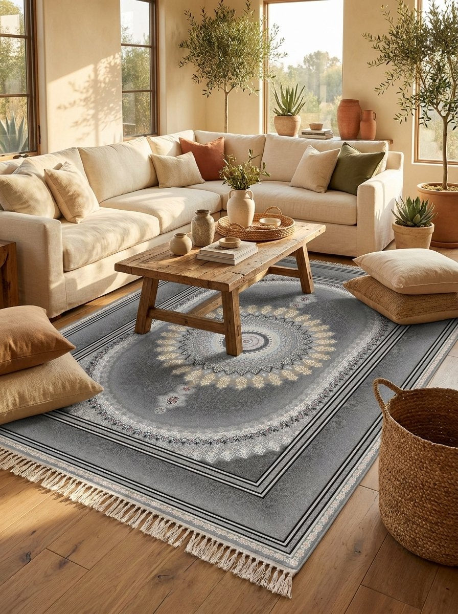 Dark Gray Medallion Persian Rug · 1200 Reeds — size 5x7.5 ft (150x230 cm) 3.5Meters shown to scale in a living room — Stylish Rugs & Carpets, Sacramento