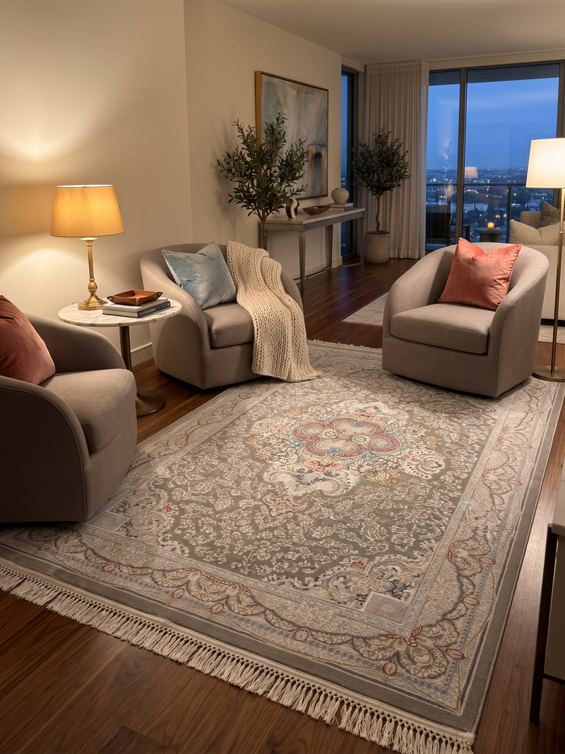 Persian Oval Carpet Gray Background Central Medallion Pastel Accents 2 Million Points