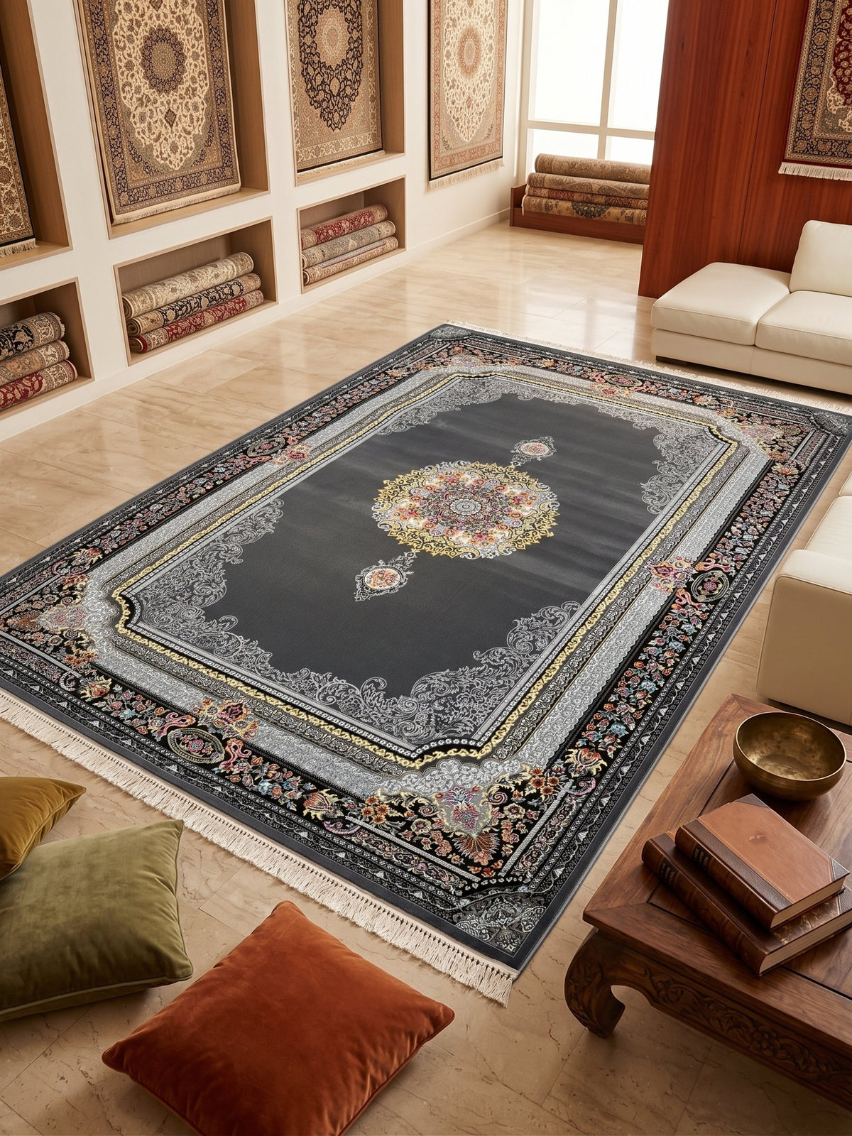 Dark Gray & Gold Medallion Persian Rug styled in a room — Stylish Rugs & Carpets, Sacramento
